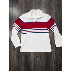 Old Navy Mens Large Rugby Shirt Red White Blue Striped Long Sleeve Preppy